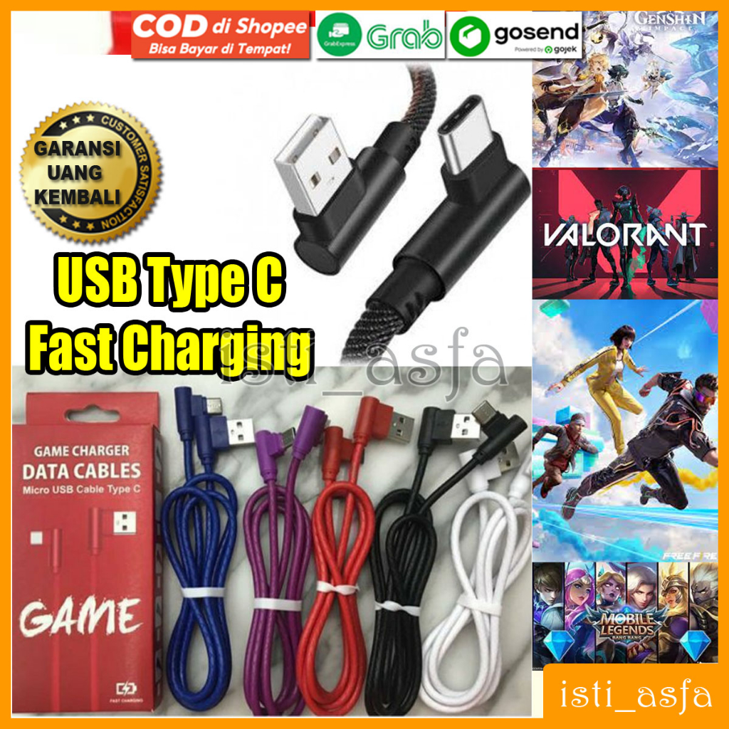 Kabel Data Gaming USB Type C Bengkok untuk HP OPPO RENO 10 10Z 9 9Z 8 8Z 7 7Z 5G 6 5 A97 A96 A95 A94