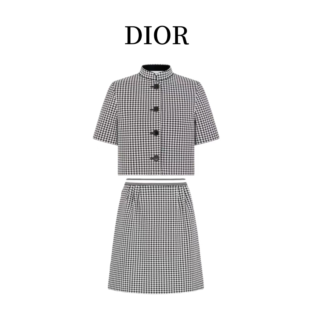 Dior 23 star same summer Houndstooth stand collar cardigan coat a line skirt fashionable two-piece s