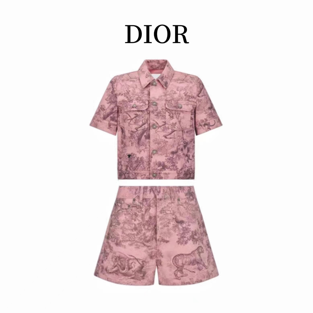 Dior 23 Summer New Animal Jungle Print Fashion Casual Denim Short Sleeve Shorts Sports Set