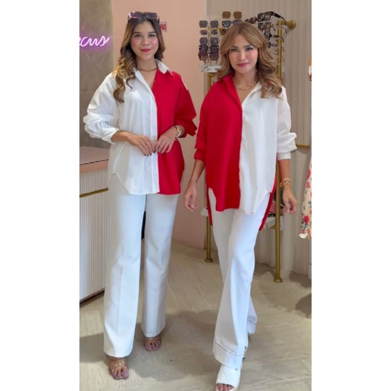 NND Atasan Kemeja Twotone DressCode Merah Putih Merpi Katun Poplin