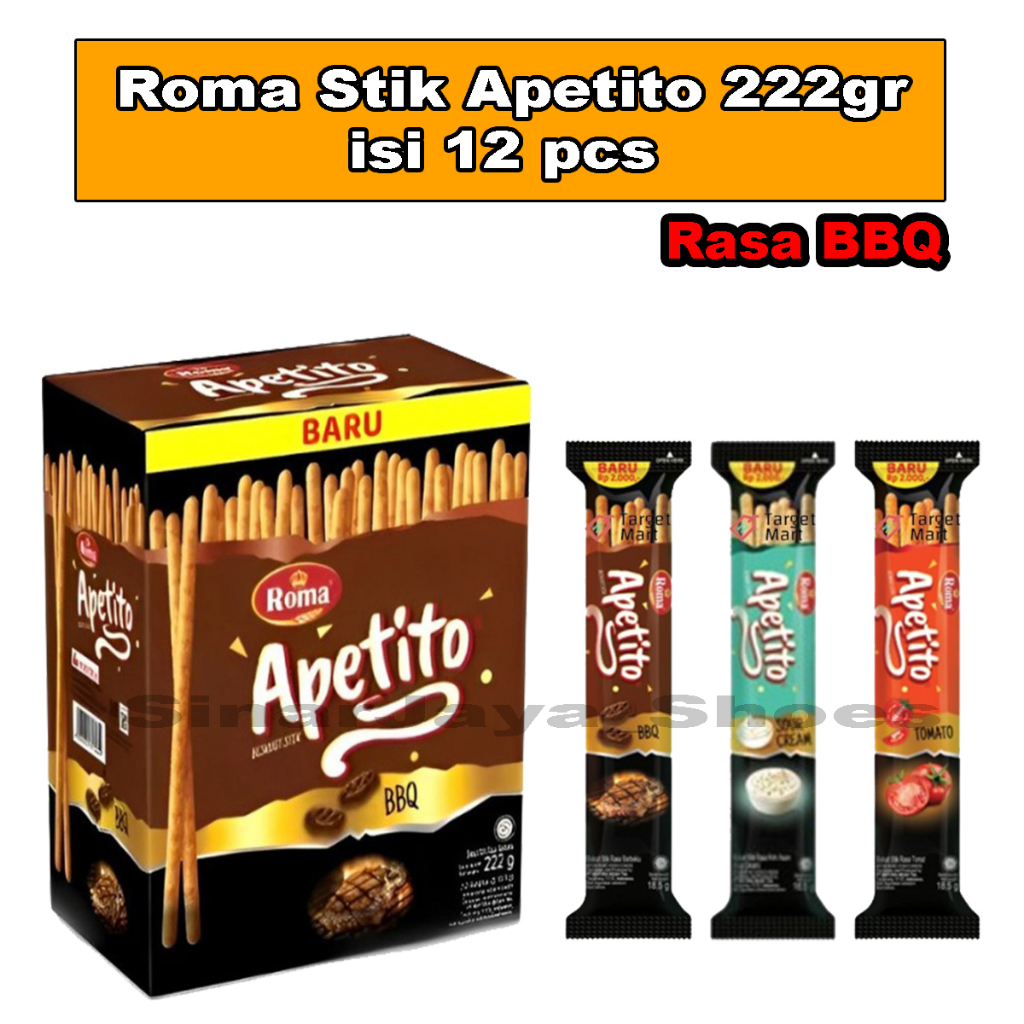 

Roma Apetito Rasa barbeque 222gr isi 12 pcs / biskuit stik apetito 222gr