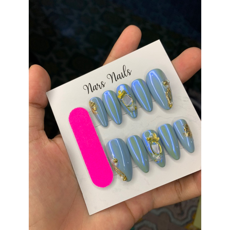 Aurora Blue Biru Nails | Wedding Nails | Brisesmaid Nails | Fake nail | Kuku palsu Nikah