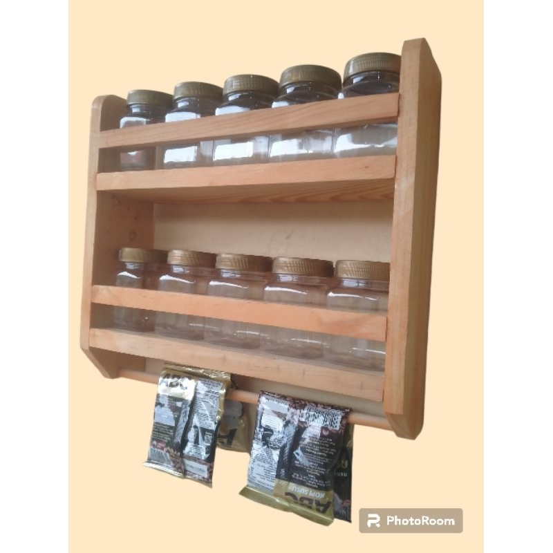 Rak bumbu kayu susun2 minimalis/rak kayu dengan 10 toples