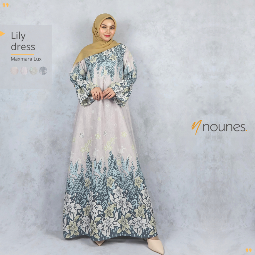 Nounes Lily Dress Gamis Wanita Remaja Dewasa Maxmara Lux Motif Bunga Busui Friendly Saku Kanan Model