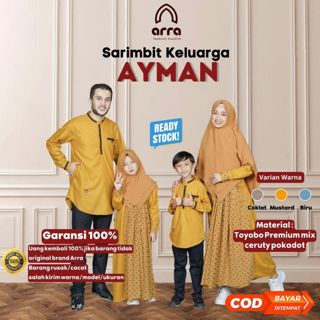 Arra Ayman Sarimbit Set Keluarga (Koko, Gamis, Kerudung) Warna Mustard Fashion Muslim Dewasa Anak Ba