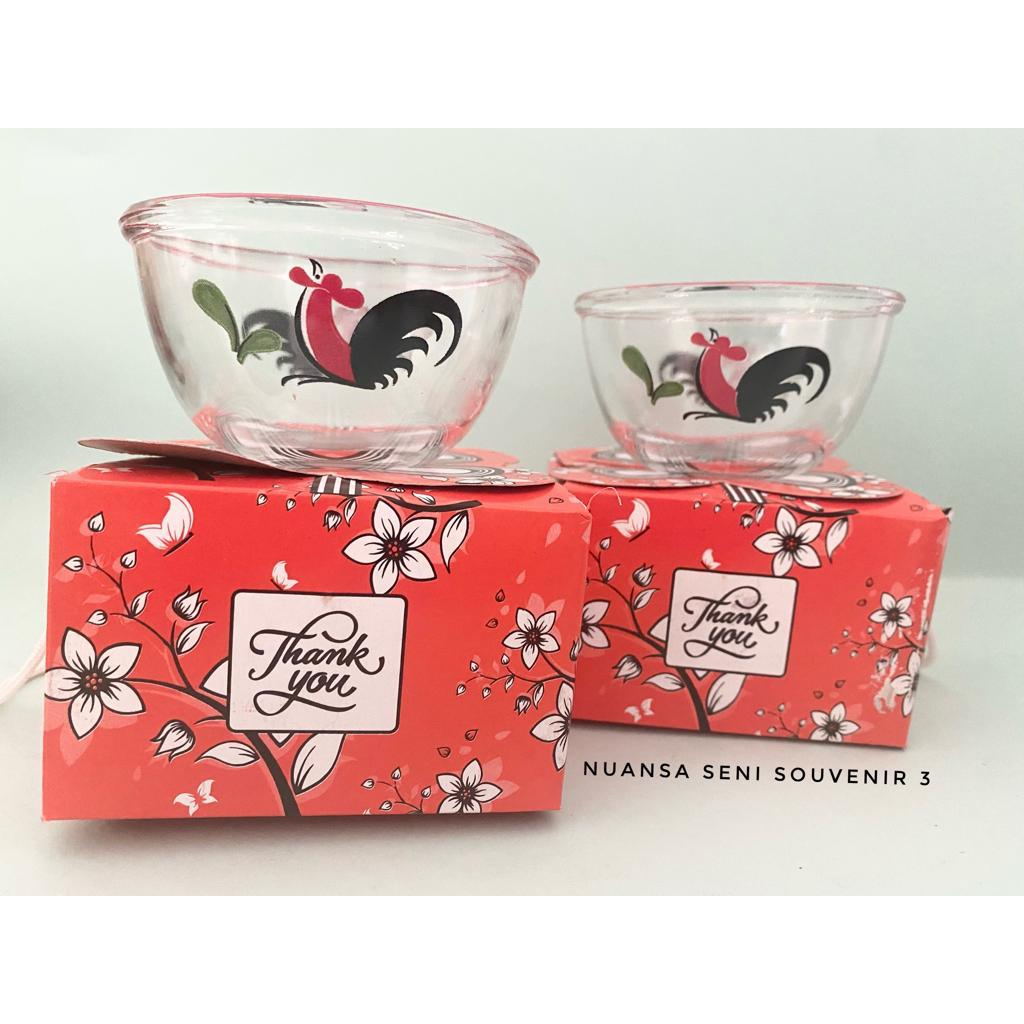 Souvenir Pernikahan Mangkok Kaca BIB4B Ayam Jago Mangkok Sambel Kaca Kobokan Motif Ayam Bening