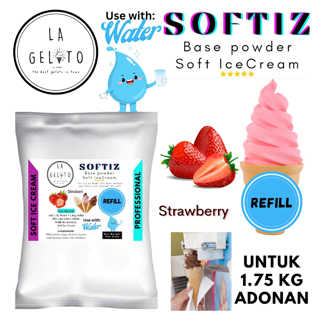 

435gr Bubuk Soft ice cream spesial untuk adonan 1.7kg - Rasa Stroberi