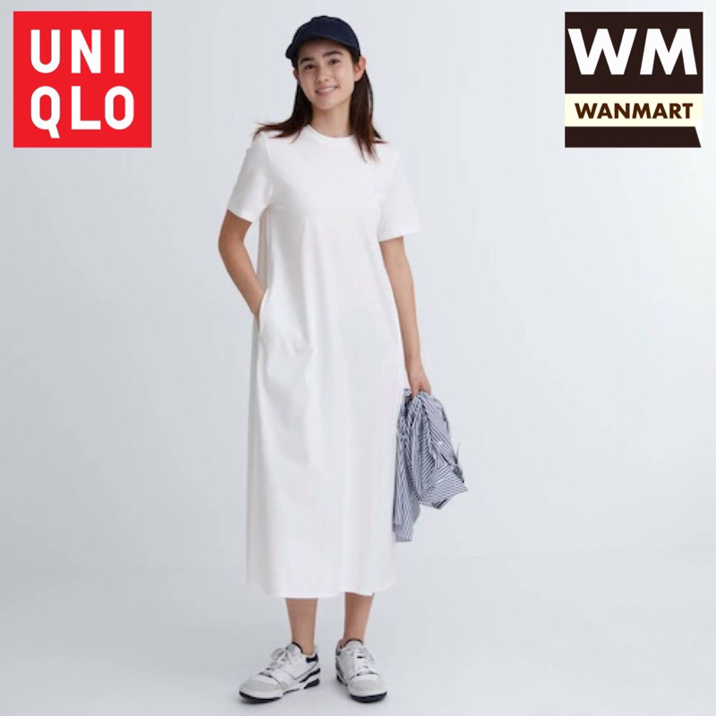 UNIQLO Dress Gaun Wanita Mercerized Katun A Line Lengan Pendek White