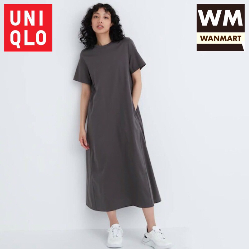 UNIQLO Dress Gaun Wanita Mercerized Katun A Line Lengan Pendek Gray