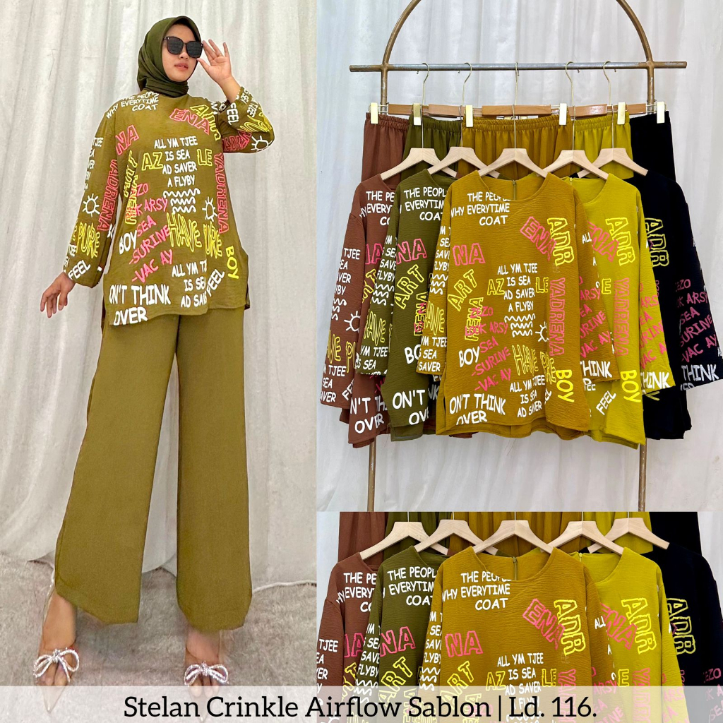 Vanisa One Set  Sablon Crinkle Airflow Wanita ld 110- 115 / SETELAN SABLON VIRAL 2023