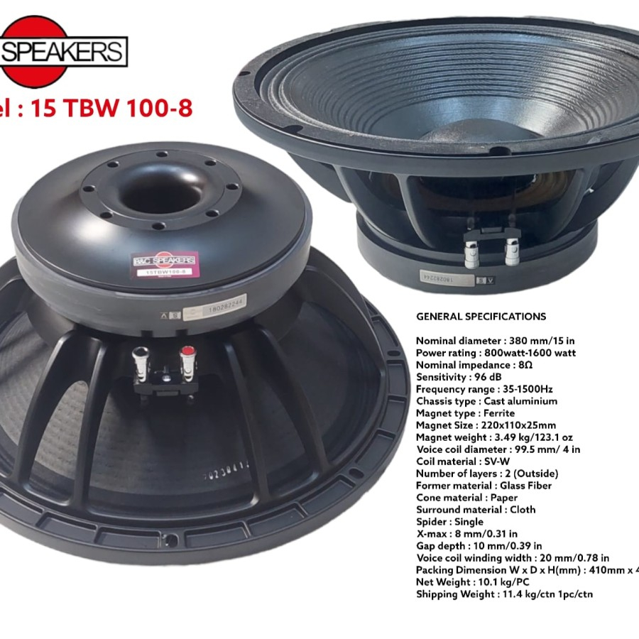 KOMPONEN SPEAKER B&C 15TBW100 15 TBW 15INCH MID LOW SUB