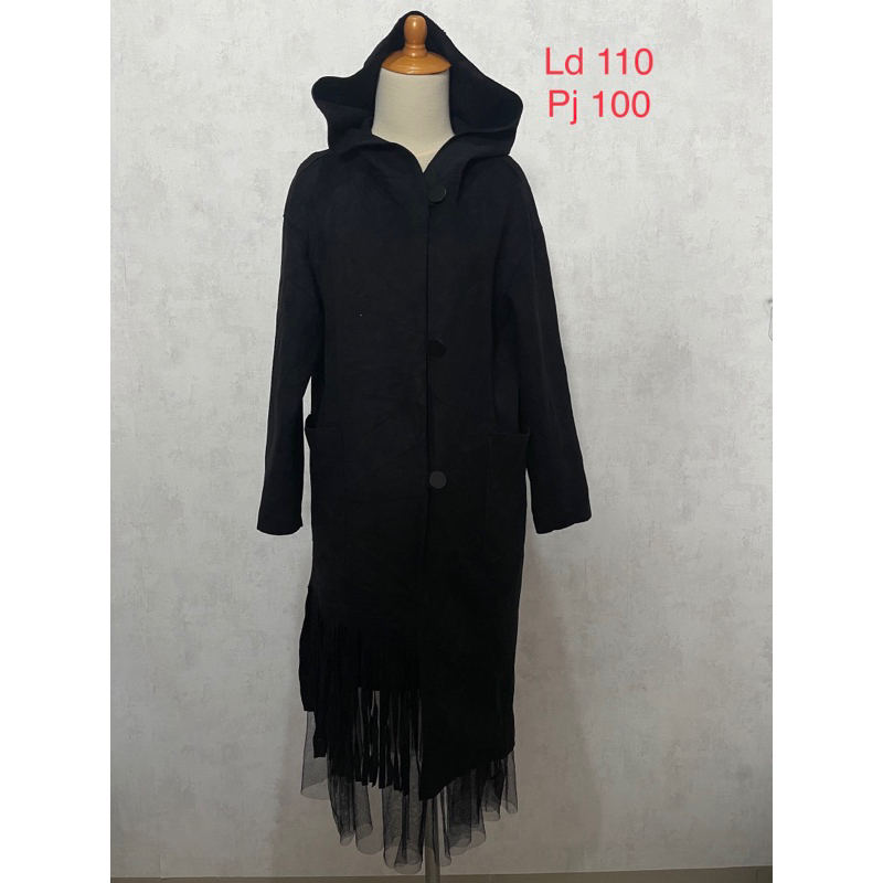 Dates style culture long coat hoodie suede wanita warna hitam pekat