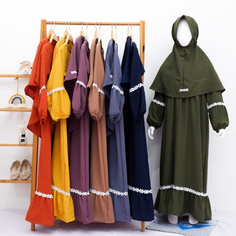 Gamis Set Hijab Clara / Gamis Renda Crinkle Bobokids 2-7 Tahun