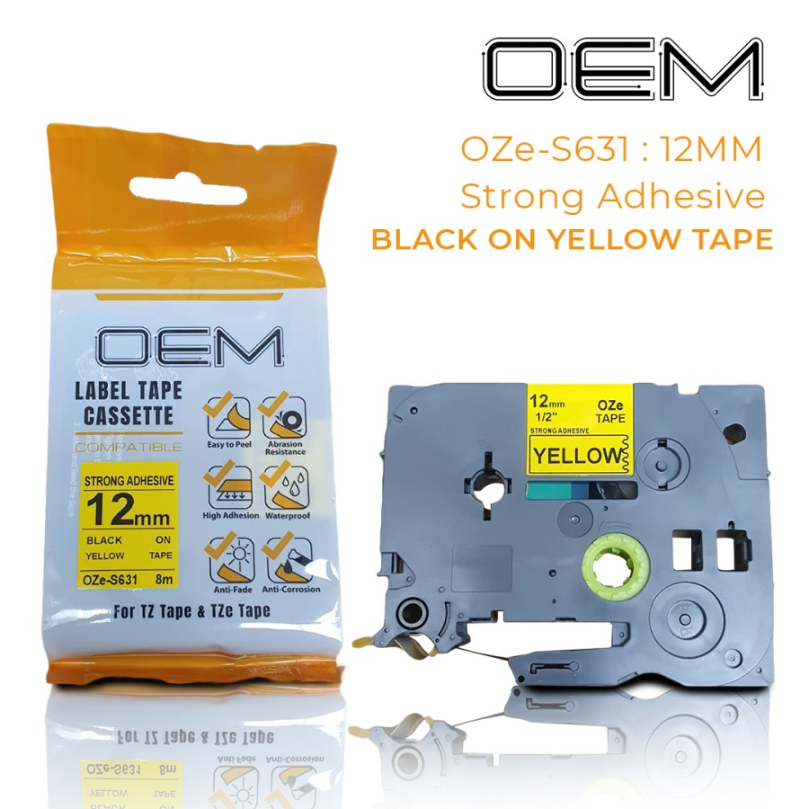 

OZe-S631 OEM LABEL TAPE PTOUCH STRONG ADHESIVE 12mm BLACK ON YELLOW
