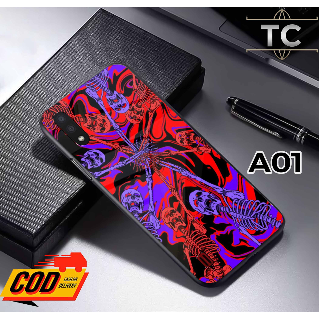 Softcase Glass Kilau glossy Fashion Motif Tengkorak Keren- Case Samsung A01 kaca glossy Casing Hp Sa
