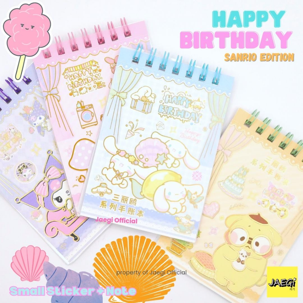 

JAEGi - Small Sticker + Note Book Sanrio Happy Birthday Edition Premium Aesthetic 8 lembar sticker + 10 lembar halaman Kertas