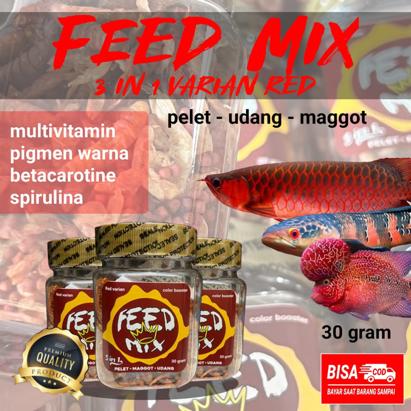 3in1 feed mix varian red maggot pelet udang kering 30gr pakan ikan predator makanan ikan channa red 
