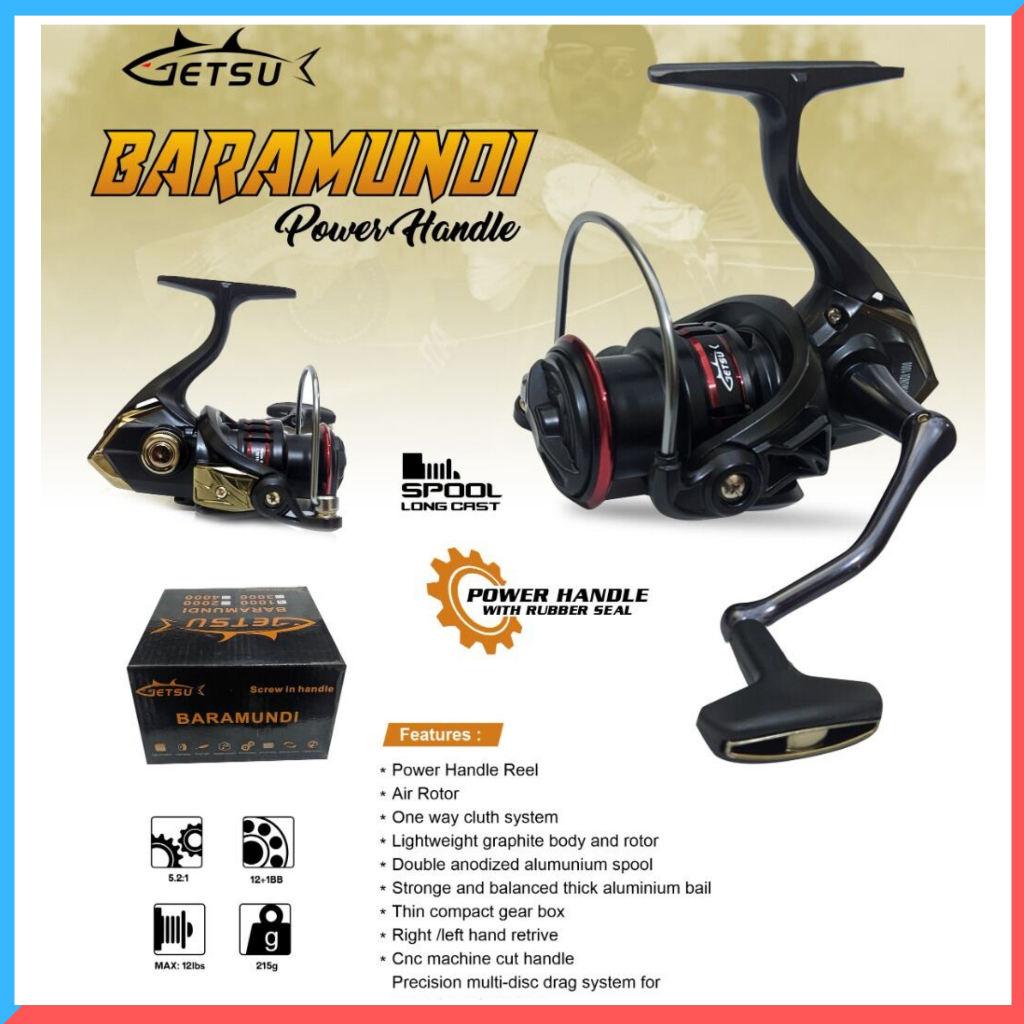 GETSU BARAMUNDI POWERHANDLE Satu Paket Reel Dan Joran Daido Fibersolid 180cm 16kg
