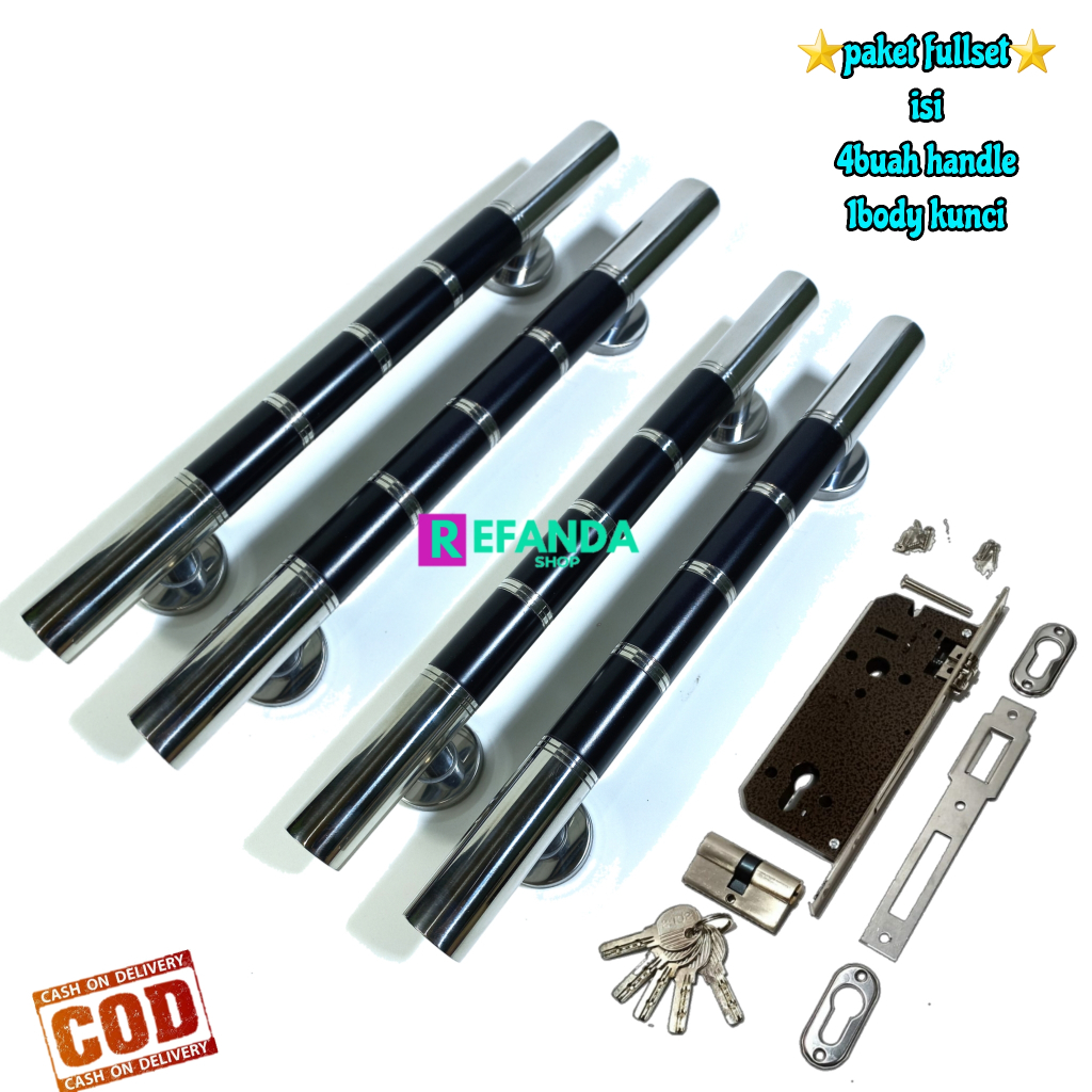 paket 4buah gagang handle pintu dan fullset lock body kunci untuk daun pintu 2 model kupu tarung pin