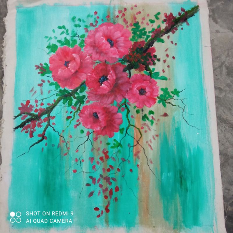 Lukisan Mawar merah, bunga mawar mekar / bunga mawar tangkai 72x62 / lukisan jumbo