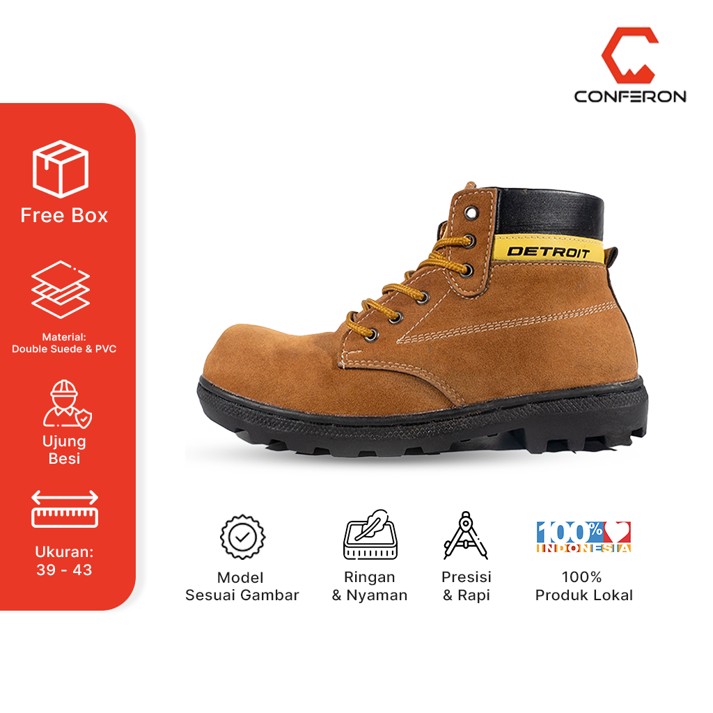 Conferon - Sepatu Boot Detroit Cat Ujung Besi Ukuran 39 40 41 42 43 Warna Hitam Coklat Tan Glossy Me