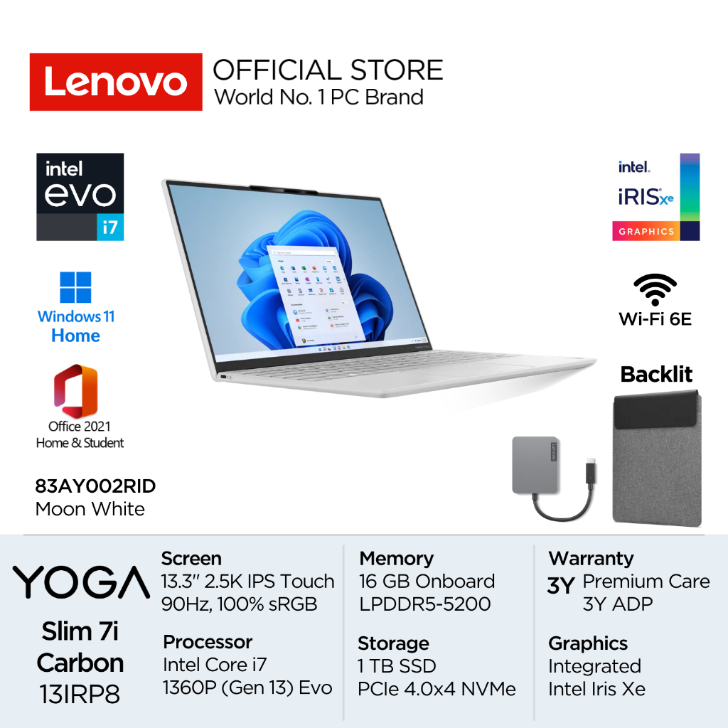 Lenovo Yoga Slim 7i Carbon 13IRP8 2RID Intel Core i7 1360P Evo Win11 16GB 1TB SSD 13.3" 2.5K IPS Touch 90Hz 100% sRGB 400nits Integrated Iris Xe OHS Backlit IR Camera WiFi6E Laptop Gen13 13inch Touchscreen Mil-Spec Tipis 83AY002RID Moon White Office