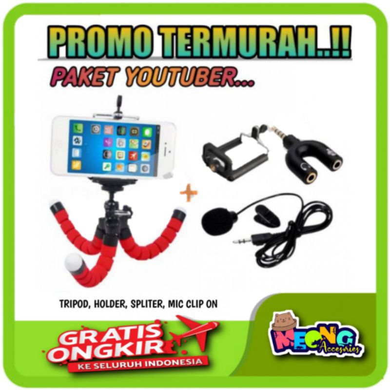 PAKET LENGKAP YOUTUBE YOUTUBER VLOG VLOGGER COVER LAGU ALAT REKAM TRIPOD CLIP ON SPLITTER