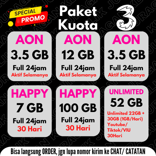 Paket Data Isi Ulang Inject Paket Kuota 3 Tri AON HAPPY Unlimited Nasional - Langsung ORDER - Proses