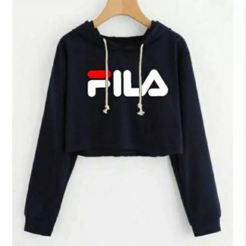 CROP SWEATER HOODIE LENGAN PANJANG WARNA HITAM BRANDED WANITA SPORTY