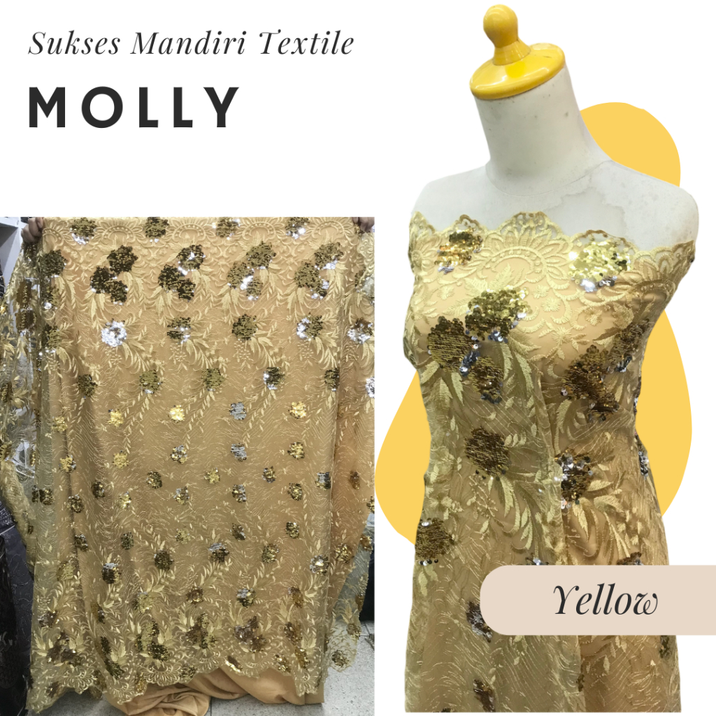 [MOLLY] Brokat Brukat Tile Payet Premium Mewah Warna Kuning Yellow | Harga ½ meter = 50 cm (Bahan Dr