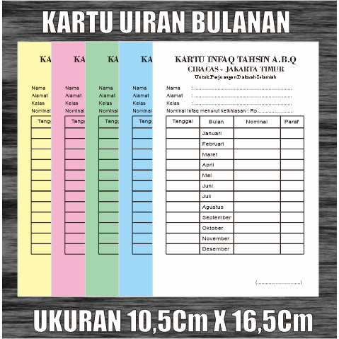 

Kartu iuran bulanan custom bolak-balik atau dua sisi bisa ganti isian atau tulisan