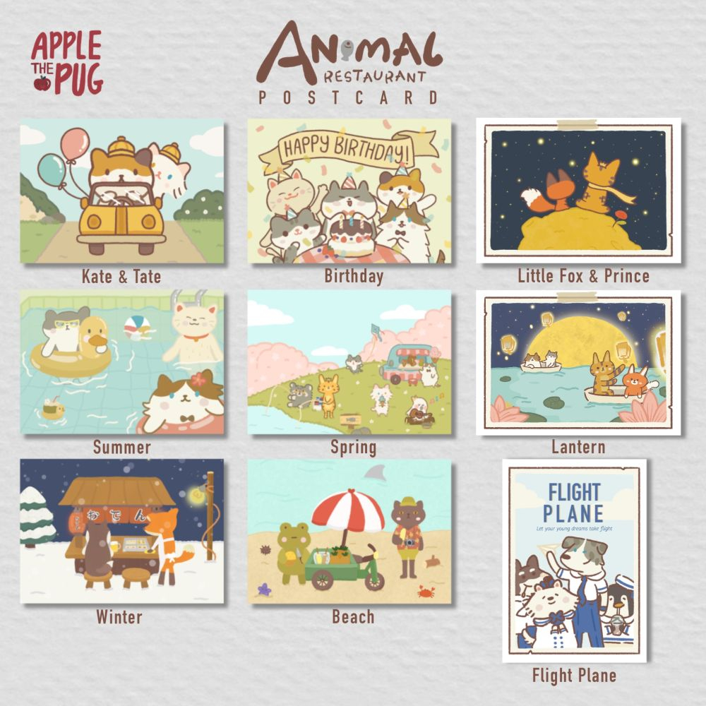 

APPLE THE PUG Animal Restaurant Post Cards / Kartu Pos