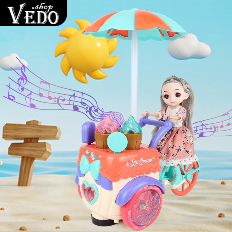Mainan Gerobak Boneka Es Krim Listrik Mainan Troli Eskrim dengan Musik dan boneka