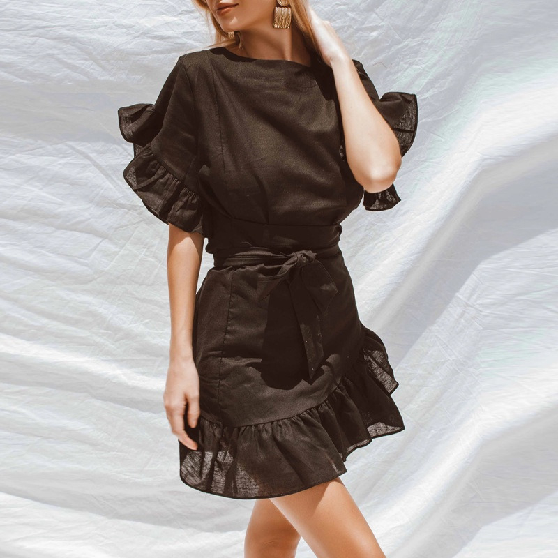 FW23-04802 Terusan Wanita. Women's Fashion Ruffled Irregular A-Line Skirt Dress