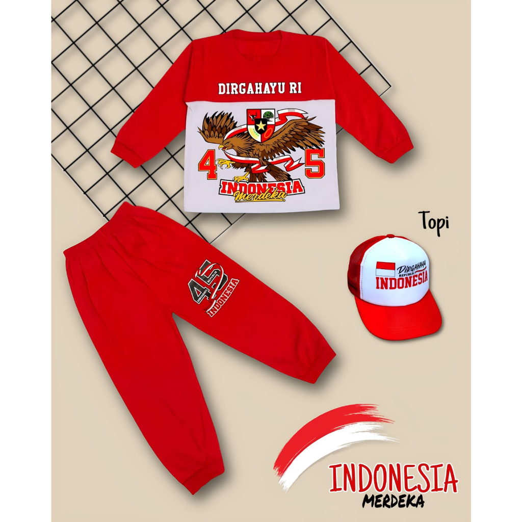 SETELAN BAJU ANAK INDONESIA MERDEKA FREE TOPI GARUDA BURUNG 17 AGUSTUS EVENT ACARA TERVIRAL TERLARIS