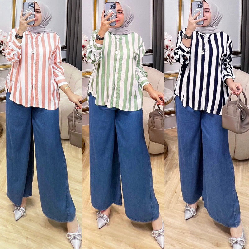 TATAOS BANGKOK ZARRA*** By NILA CROSSBACK JUIZ ONE SET SETELAN KEMEJA COTTON SALUR STRIPE BELAH & CE
