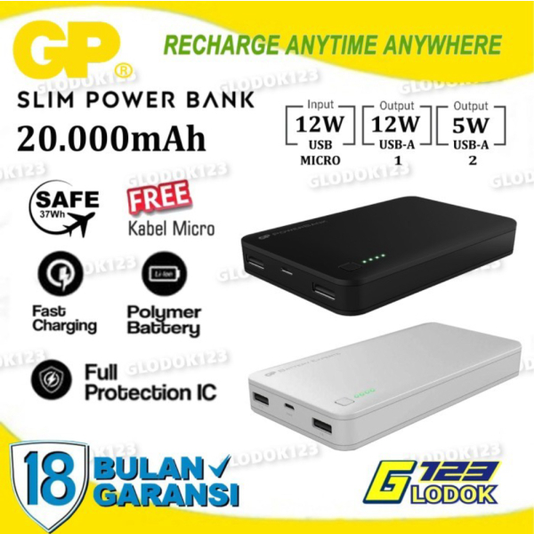 Promo GP Powerbank 20000mAh Portable Mini Ultra Slim Power Bank Tablet HP - Putih Tanpa Bubble Disko
