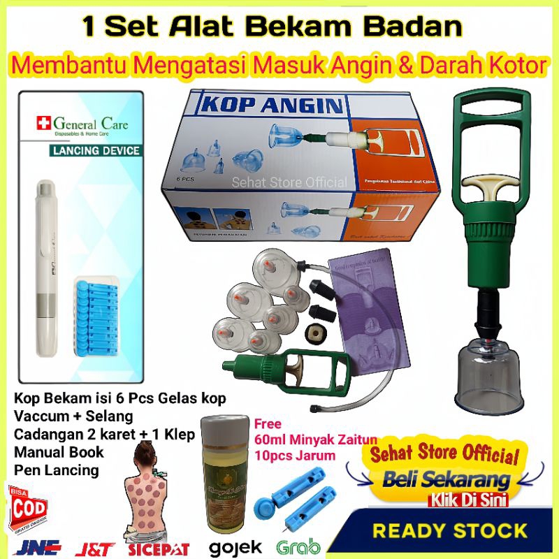 1 Satu Set Alat Bekam Paket Komplit 6 Kop Dan Pen Lancing Device Jarum Bacam Autoklik Terapi Sunah C