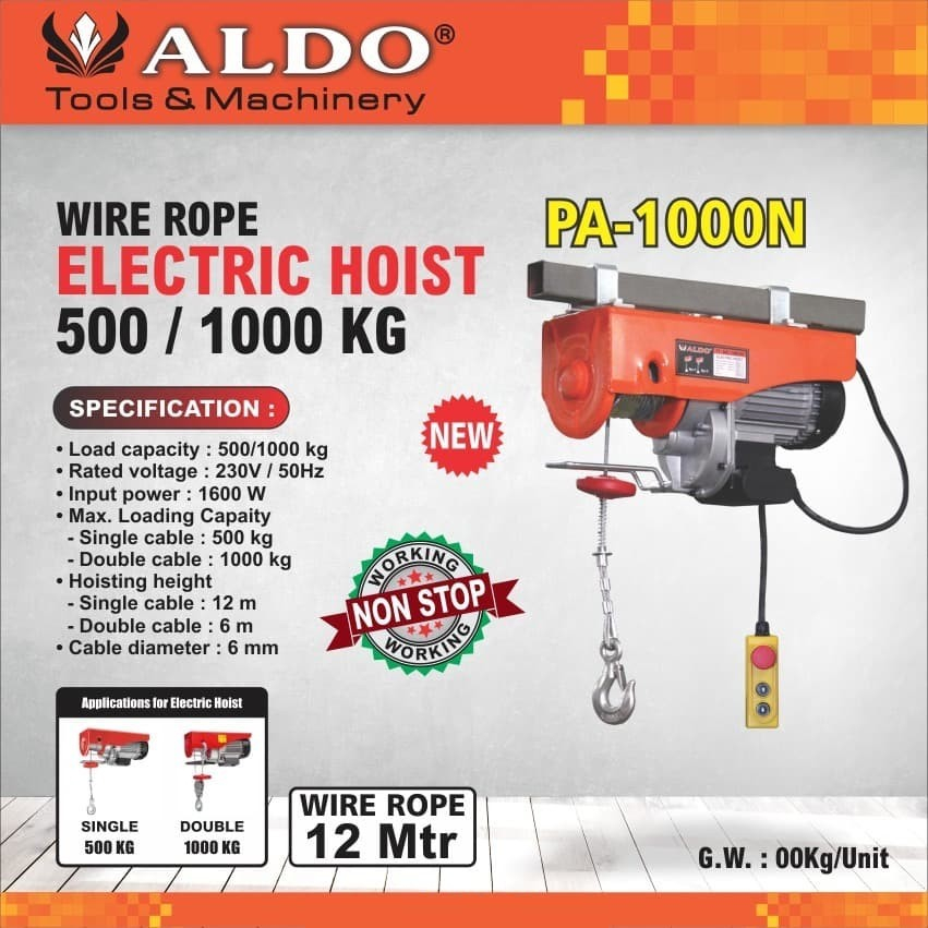ALDO PA1000/PA 1000N/1000 kg Katrol Elektrik/Electric Hoist Non Stop 12m 1 ton