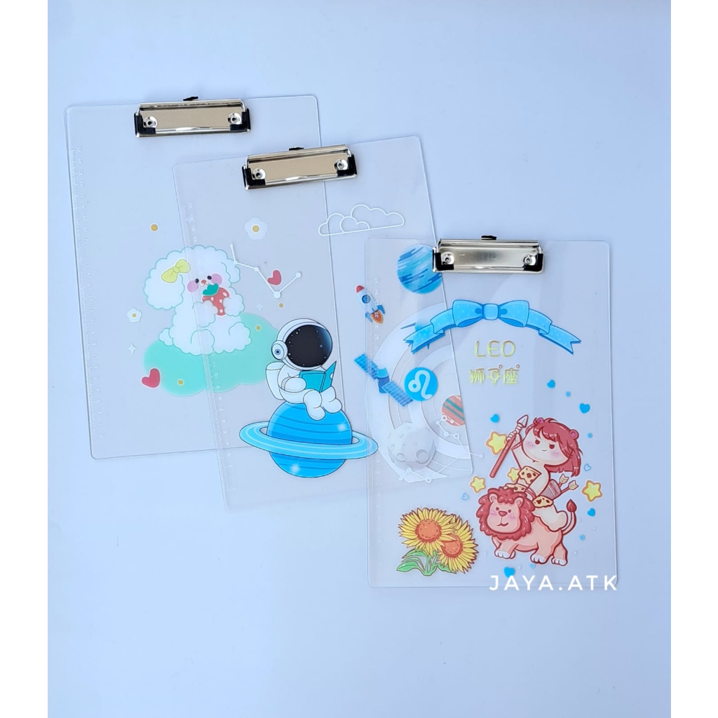 CLIPBOARD A4 PAPAN UJIAN PLASTIK TRANSPARANT TEBAL MOTIF LUCU SEKOLAH ANAK CLIP BOARD