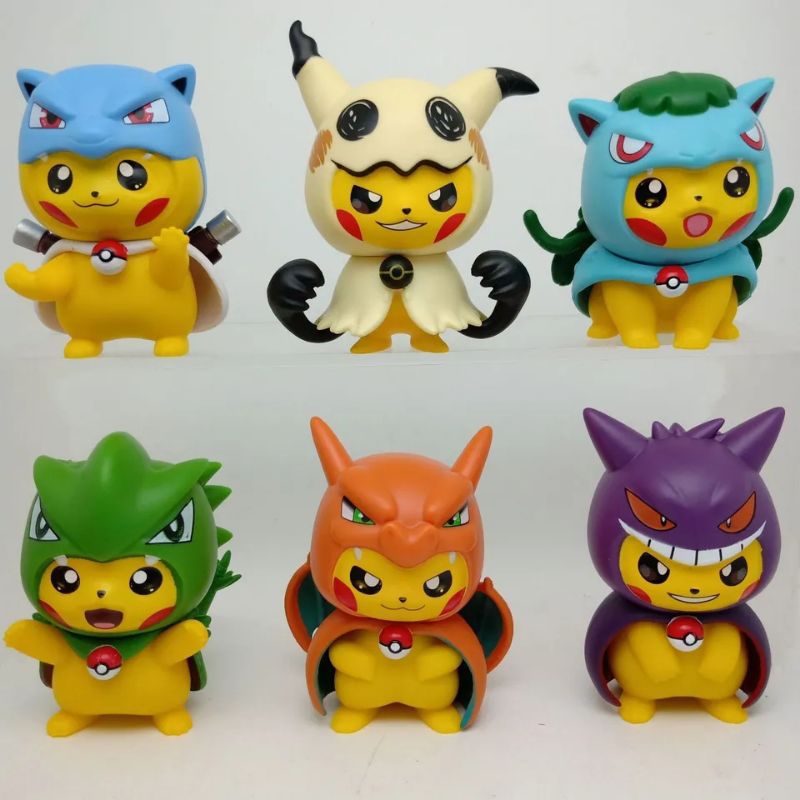 6pcs/Set Pokemon Pikachu Cosplay Bulbasaur Gengar Blastoise Charizard Lucu Figure 8-9cm