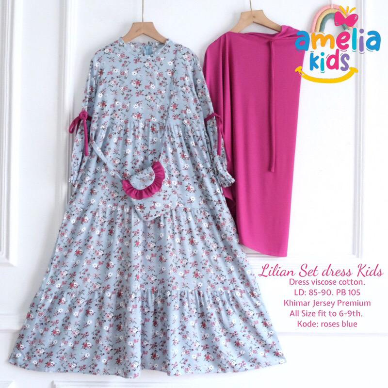LILIAN SET DRESS KIDS ORIGINAL BY AMELIA SETELAN GAMIS ANAK DRESS DAN KERUDUNG FREE TAS BUSANA MUSLI
