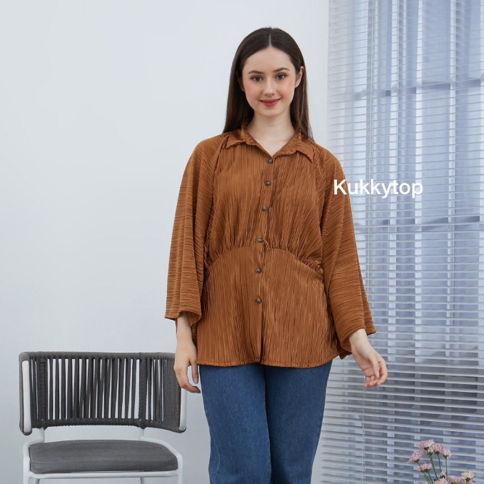 Kukky Top Blouse Plisket Wanita Blus Eloise Atasan Kaos Import Fashion Kalong Oversize Korean Style 