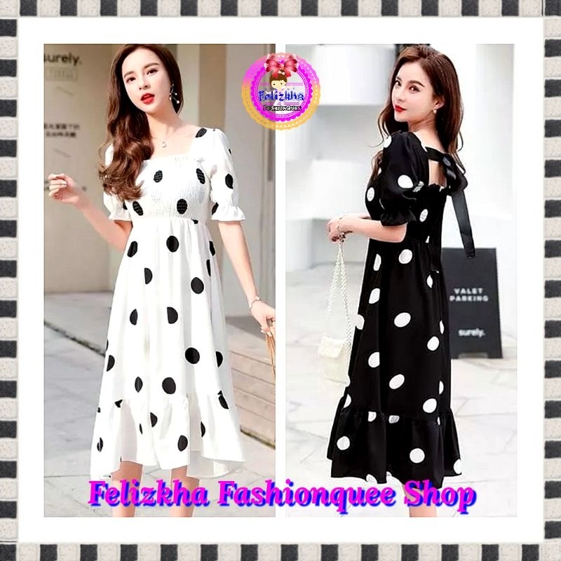 FELIZKHA 1470 DRESS POLKADOT WANITA / MIDI DRES WANITA POLKA IMPORT MURAH / DRESS POLKA WHITE LENGAN
