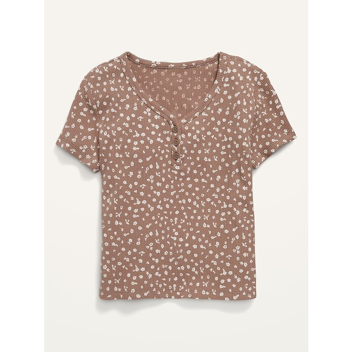 Old Navy Girls Rib-Knit brown Short-Sleeve Floral Henley Top bisa untuk dewasa model crop