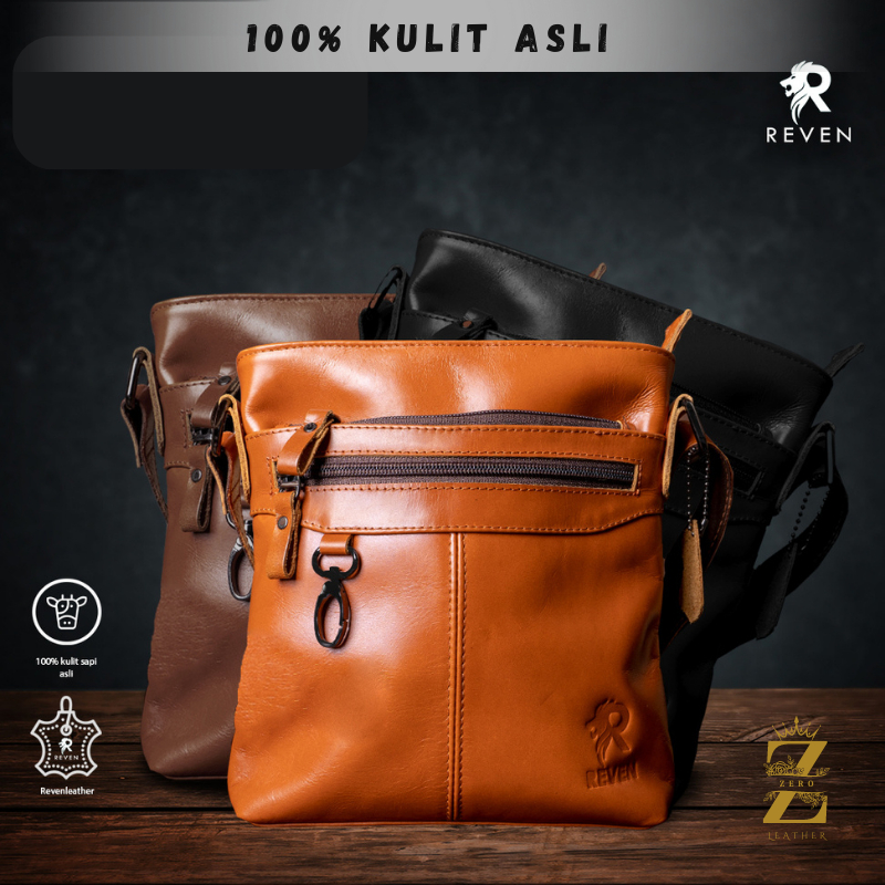 REVEN LEATHER - Tas Selempang Kulit Pria Branded Reven Key Holder Leather Sling Bag Slempang Bahu Cowok Bahan 100% Kulit Sapi Asli Original Premium
