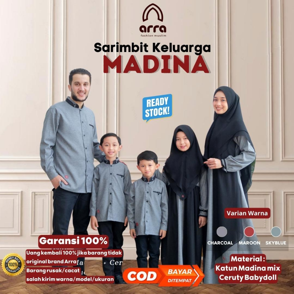 ARRA - Sarimbit Madina Fashion Muslim Keluarga (Koko, Gamis, Kerudung) Gamis Couple Warna Abu Charco