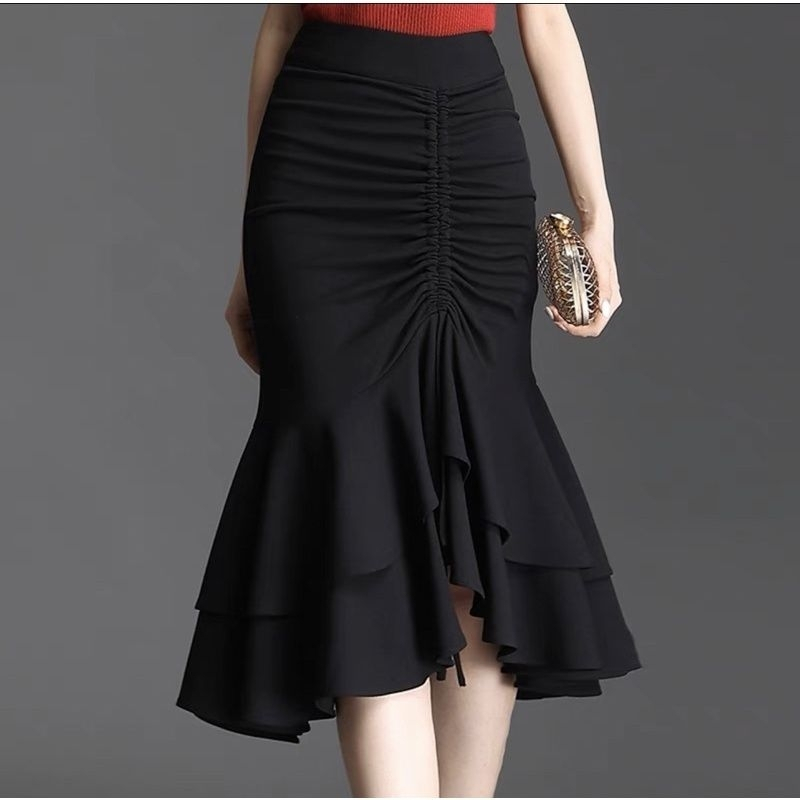 Rok wanita putri duyung Midi Skirt mermaid tali serut double layers rok pesta model Korea pinggang t
