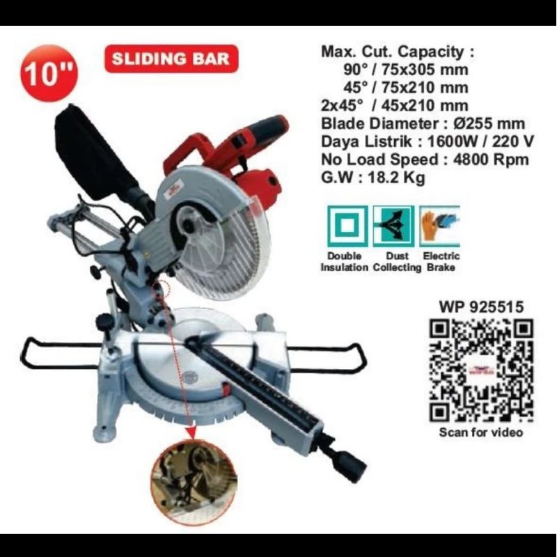 WIPRO WP 925515 Mesin Potong Aluminium Miter Saw 10" Single Sliding Bar