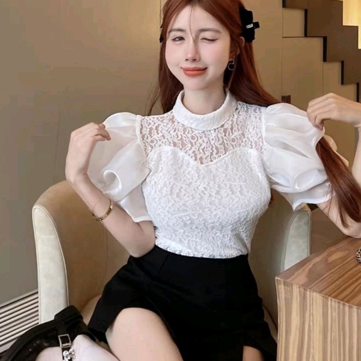 2272 Baju atasan JULISHA LACE PUFF SLEEVE TOP BLOUSE lengan pendek lengan ballon Korea Korean style 
